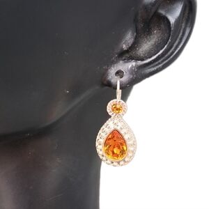 Vintage Napier Silver Tone Citrine Rhinestone Teardrop Leverback Earrings